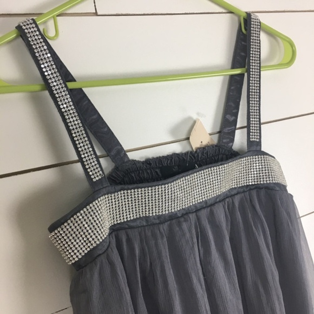 🪴$5/25🪴 NWT Forever 21 Gauzy Gray Silver Rhinestone Boho Mini Dress Small - Picture 5 of 12